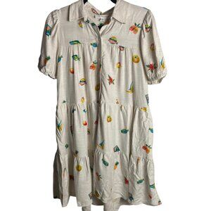 Jane and Delancey Size Xs Hotel Mini Tiered Dress Fish Boat Fruit Linen Tropical